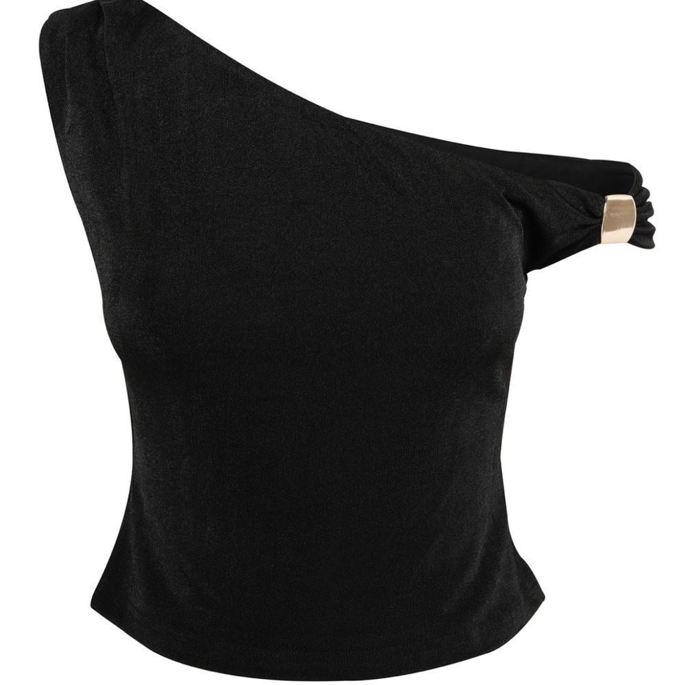 One-Shoulder Black Crop Top - Women's Stylish Asymmetric Tank - Picture 3 of 7